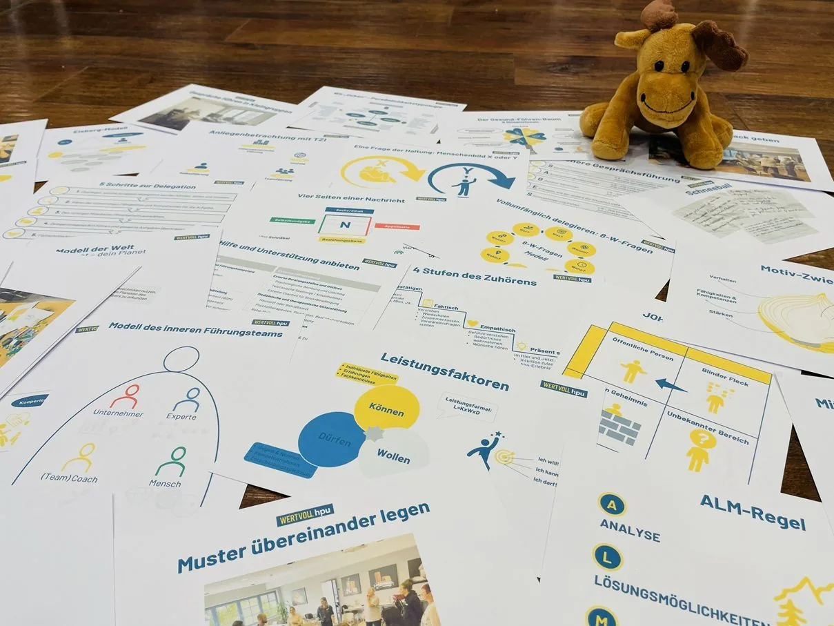 Ausgelegtes Workshop-Material zum Thema Führung auf einem Tisch